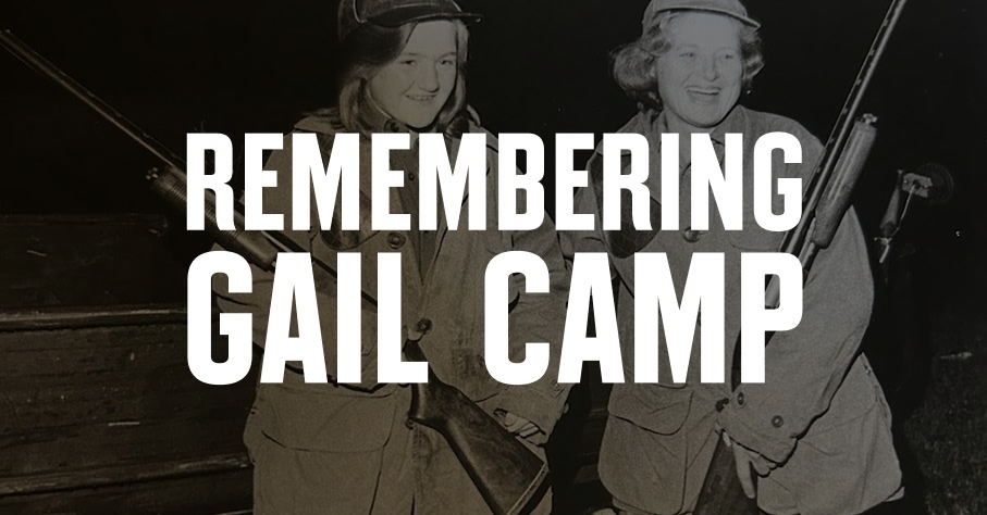 Black and white photo of two women with Remembering Gail Camp overlaid/