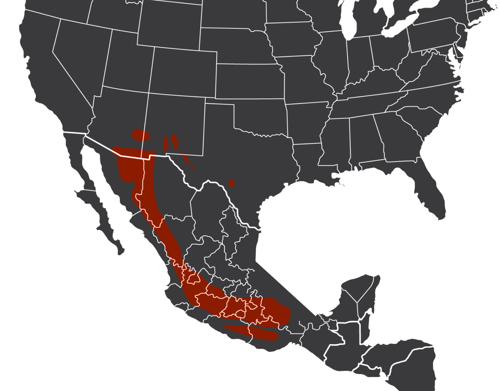 A map of the United States showing Mearn's quail range.