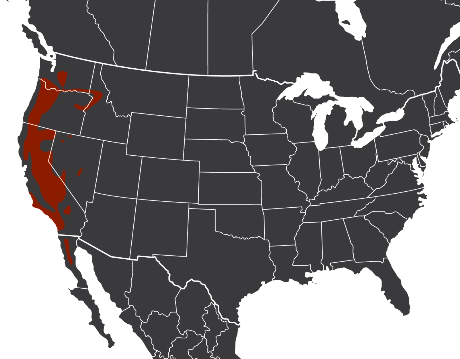 A map of the United States showing mountain quail range.