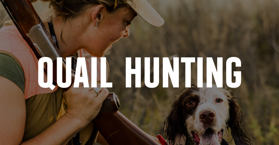A quail hunter and her dog, with Quail Hunting overlaid.