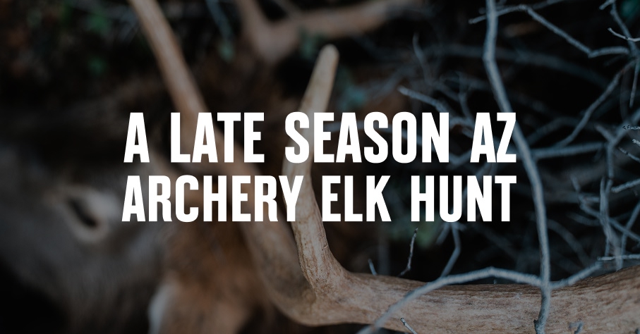 An elk antler with A Late Season AZ Archery Elk Hunt overlaid in white text.