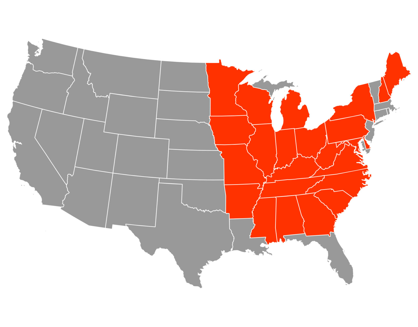 A map of the US showing the best states to hunt eastern turkeys highlighted in orange. 