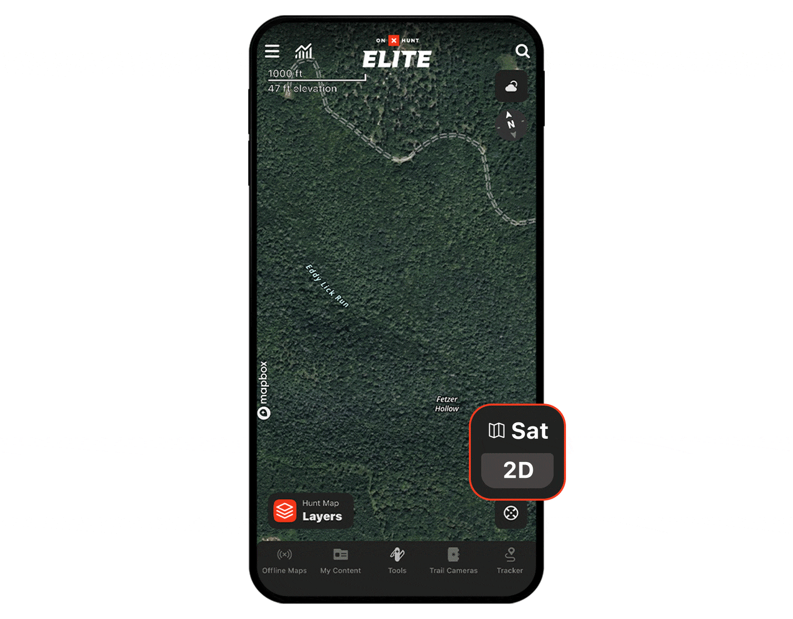 onX Hunt's Leaf-Off Imagery exposing mountain laurel thickets under canopy.