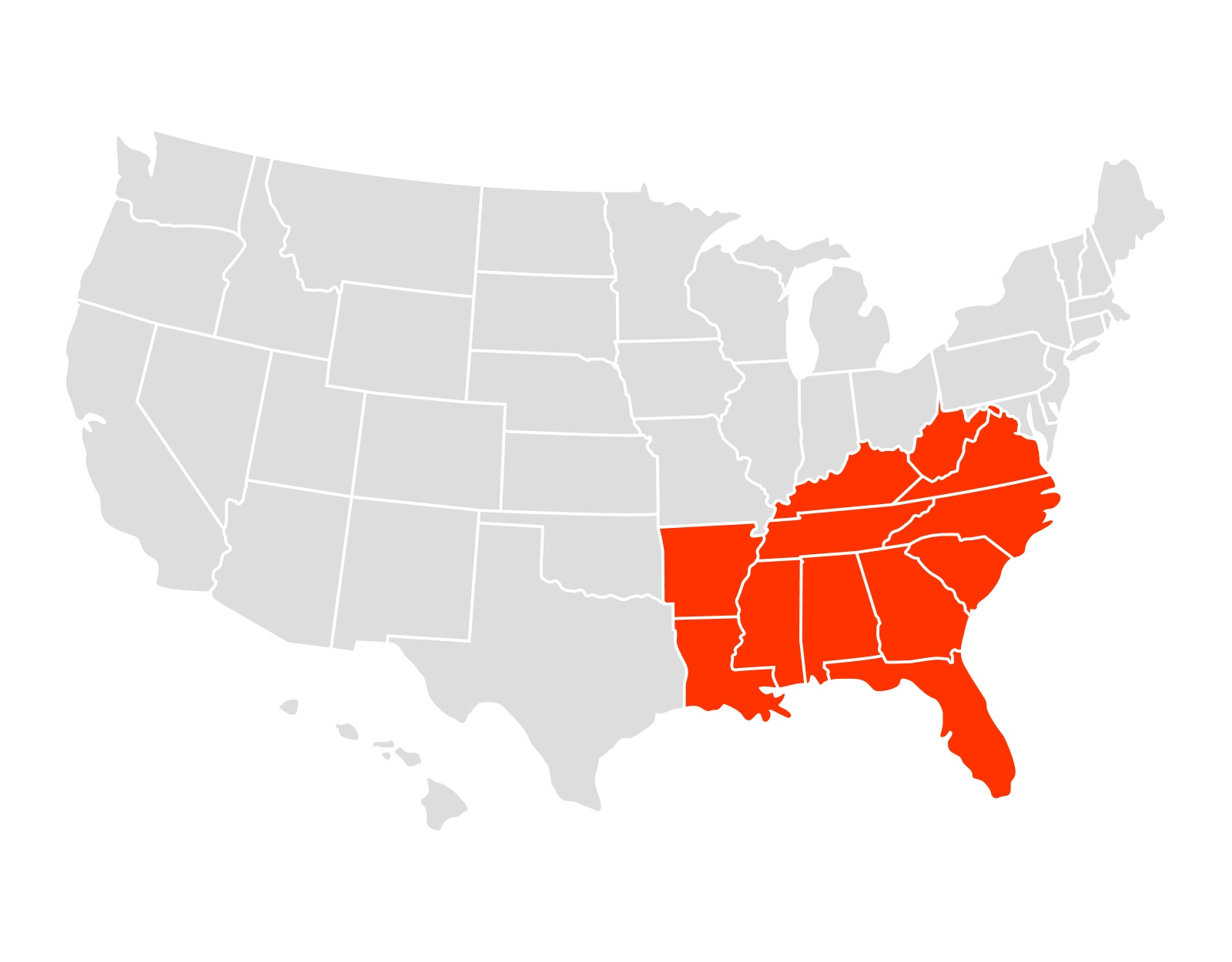 Map of US with southeastern states highlighted in orange.