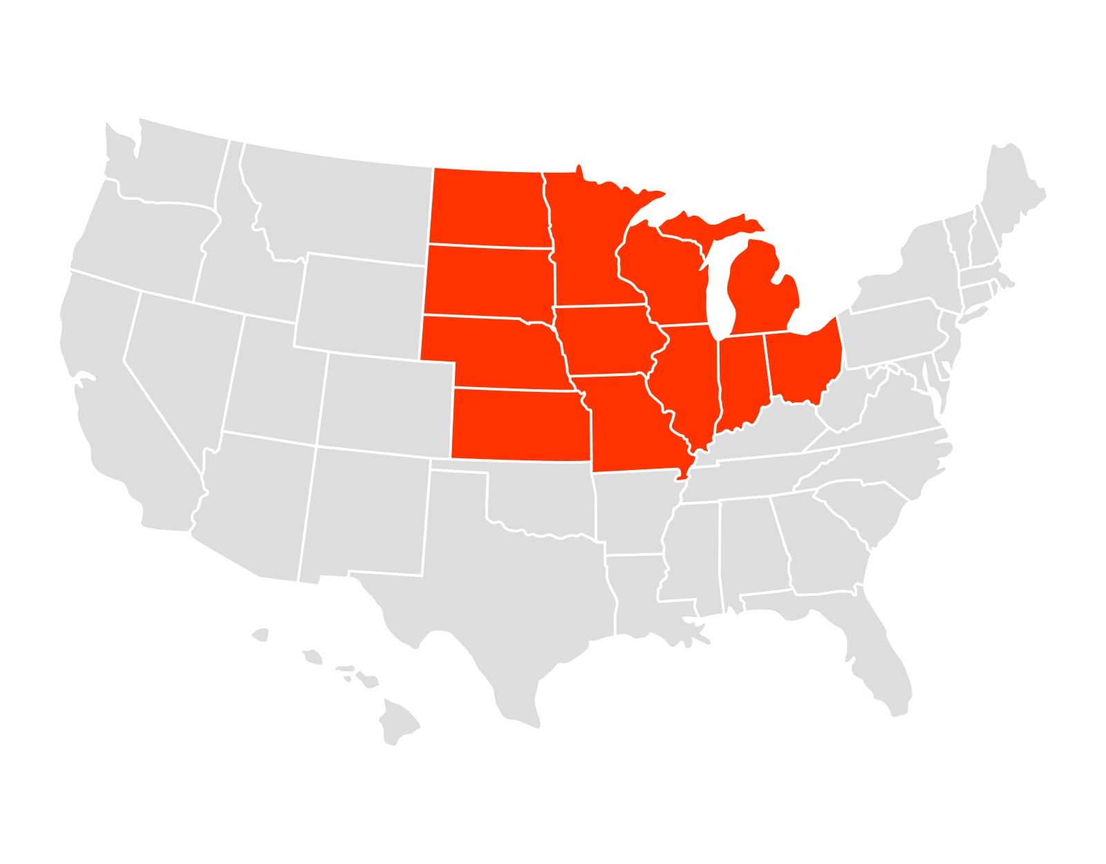 Map of US with Midwest states highlighted in orange.