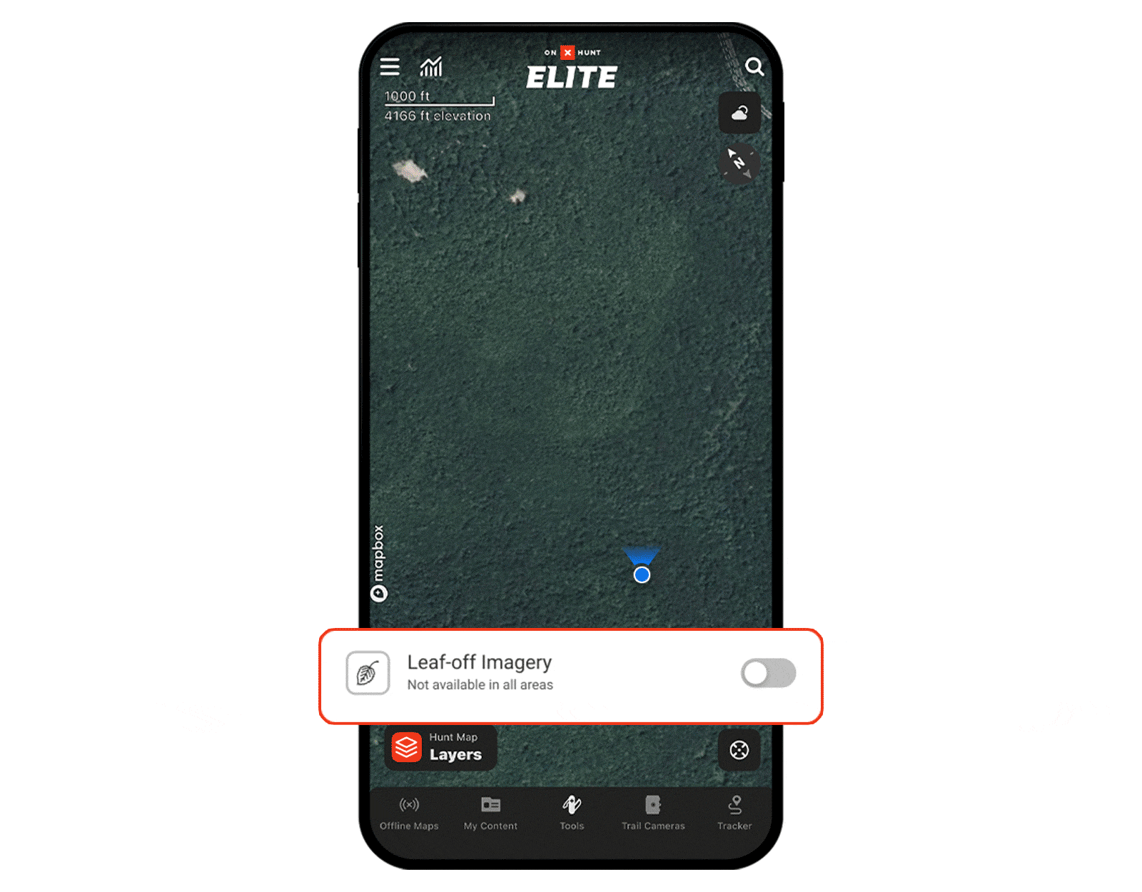 onX Hunt's Leaf-Off Imagery exposing mountain laurel thickets under canopy.