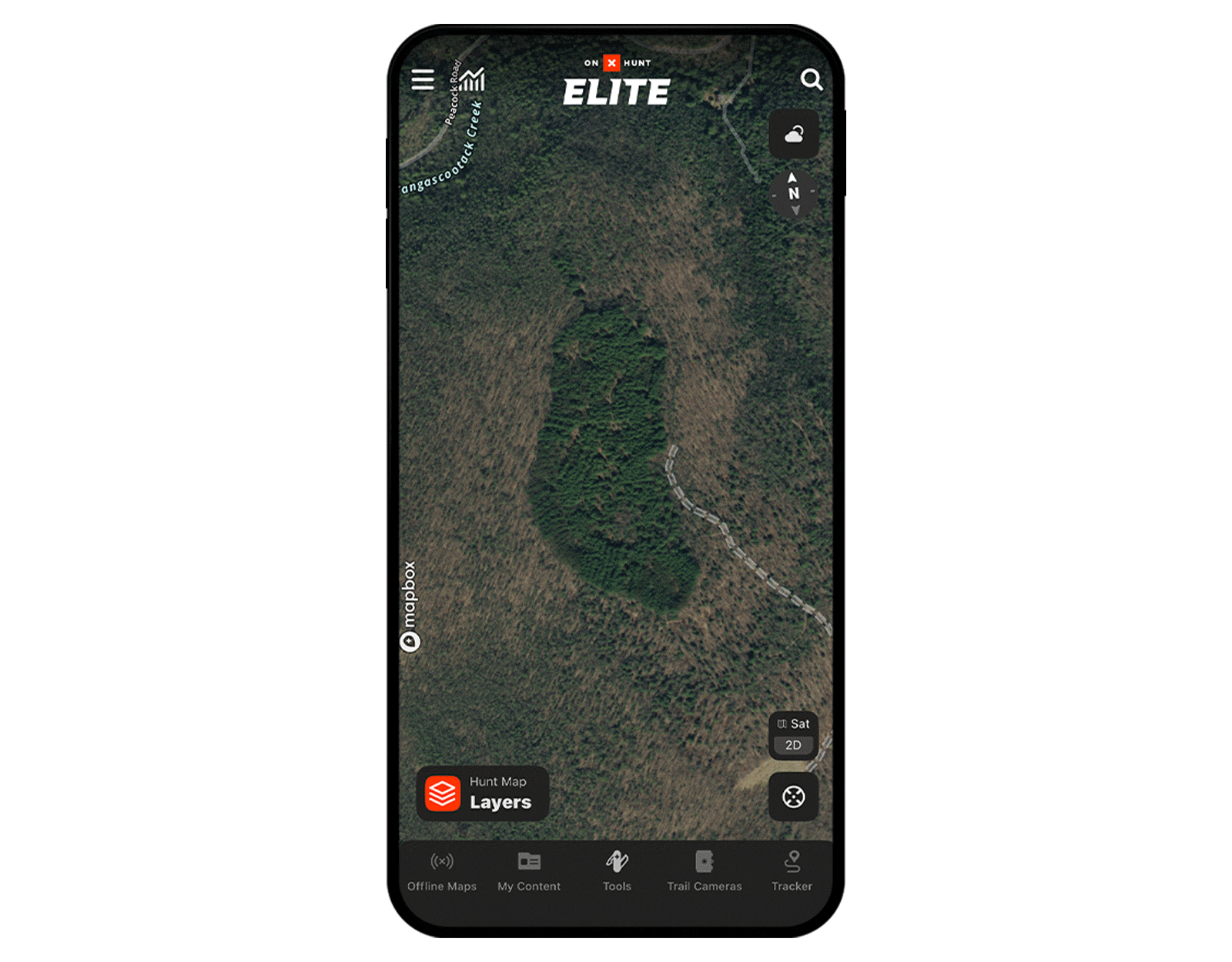 onX Hunt's two-finger Line Distance measuring mountain laurel thicket density.