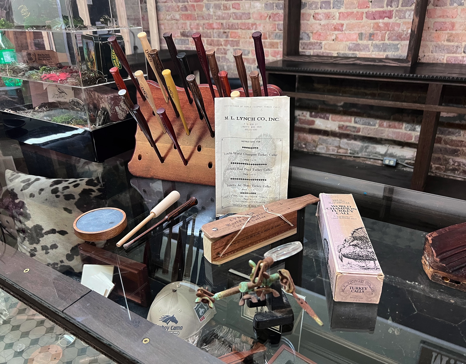A display case set up at the M.L. Lynch Turkey Call Museum