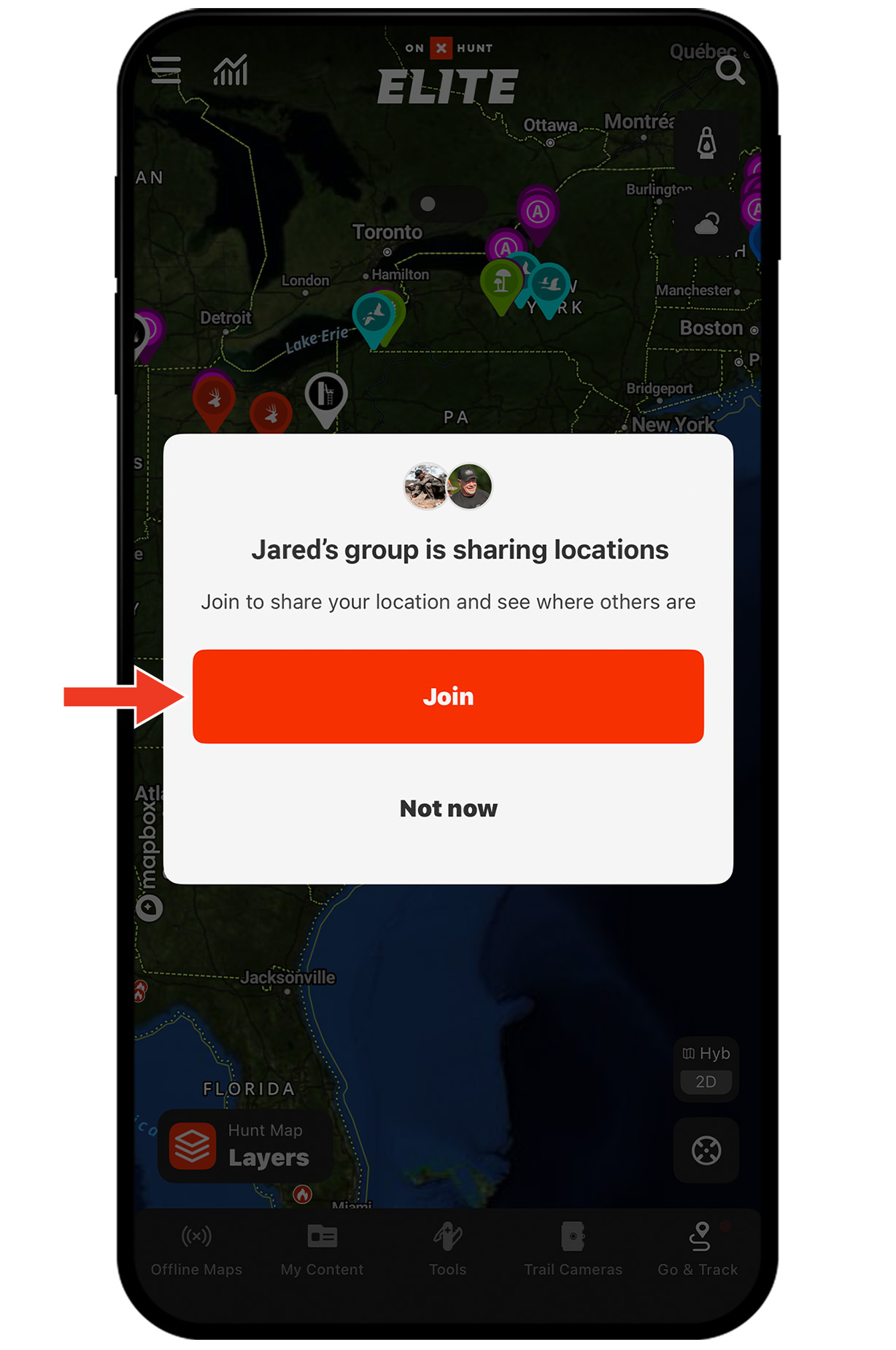 onX Hunt's Location Sharing feature.