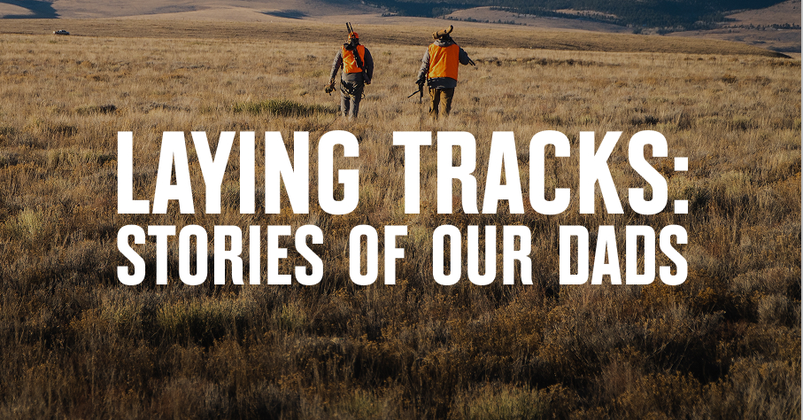 Two hunters walk in a field, and white text overlays stating 