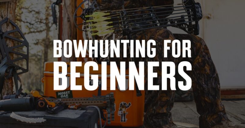 A bow hunter with bow hunting for beginners overlaid in white text
