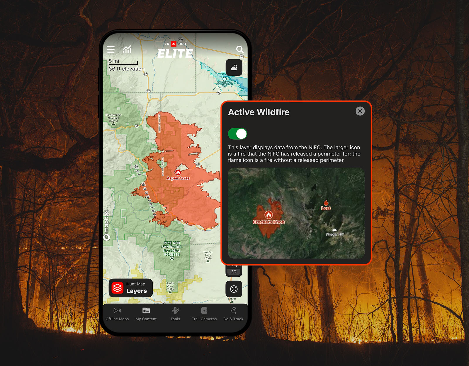 onX Hunt's active wildfire map layer
