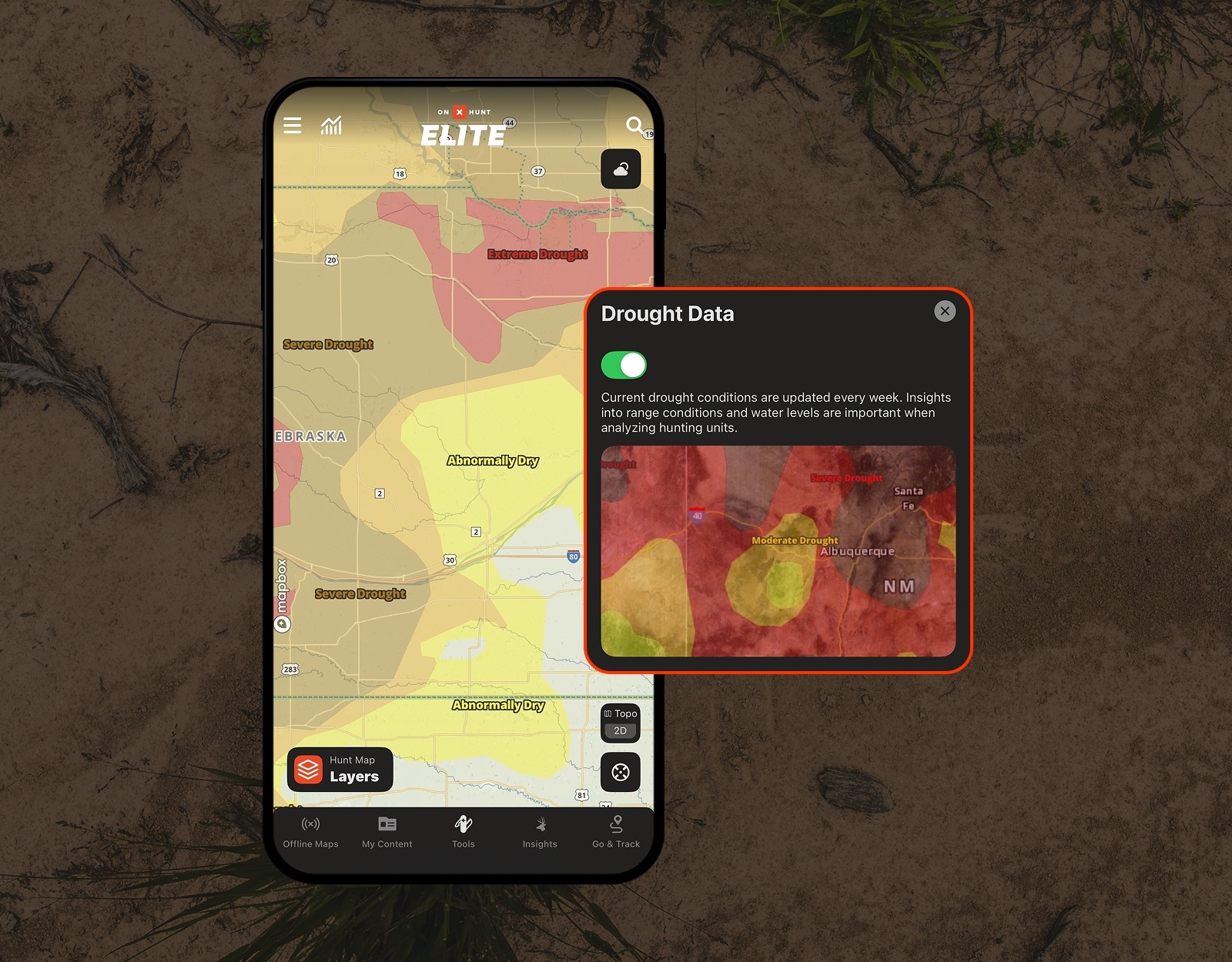 onX Hunt Drought Layer shows a drought map of the United States, based on Drought Monitor data.
