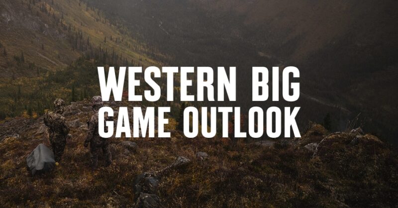 A mountainous scene with western big game outlook overlaid in white font