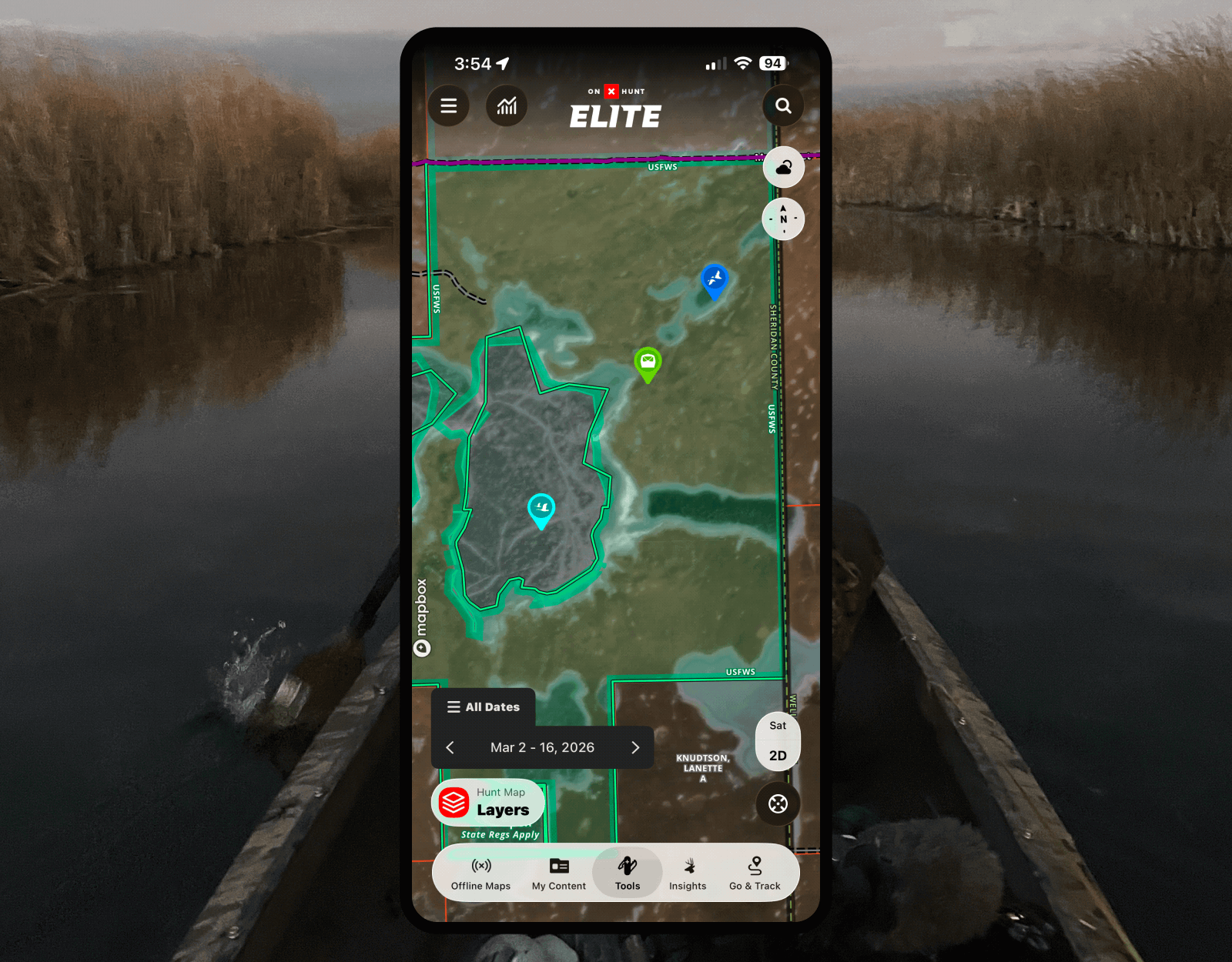 onX Hunt app displaying Recent Imagery of a potential duck pond.