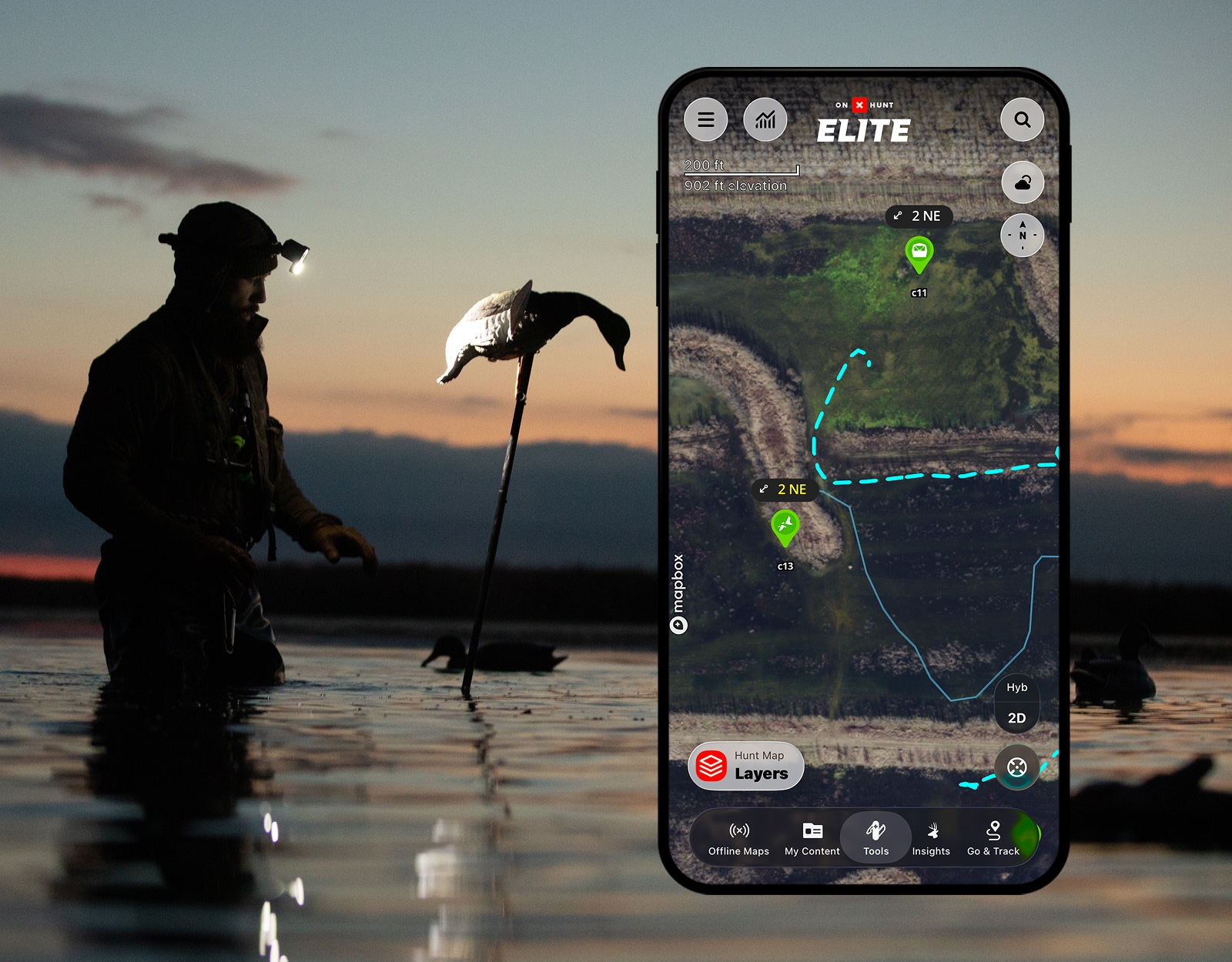 A screenshot of the onX Hunt app overlaid on a duck hunter wearing a headlamp setting up decoys in the dawn light