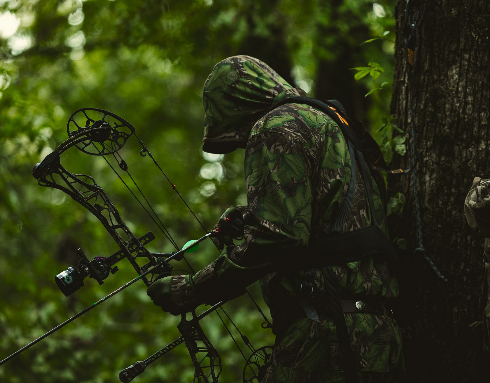 A bow hunter in a tree stand