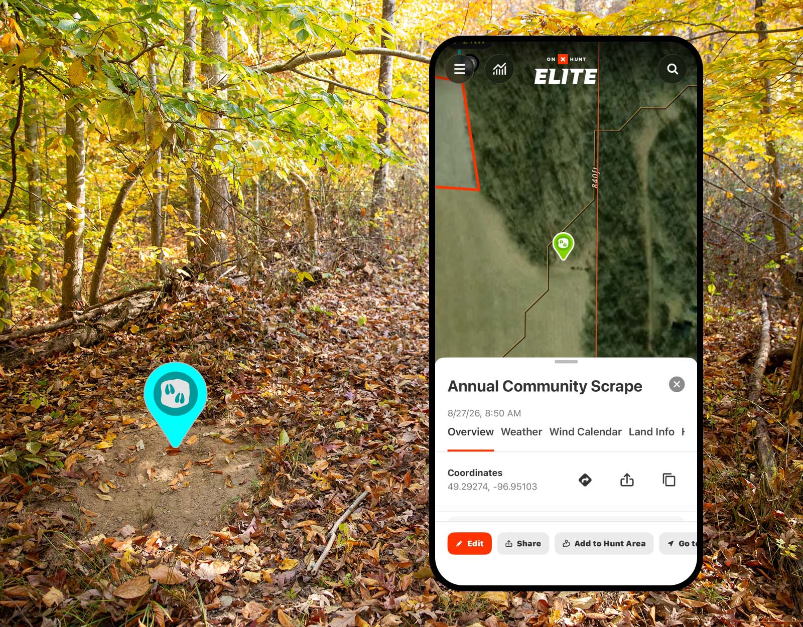 A mobile shell showing onX Hunt's waypoint capabilities