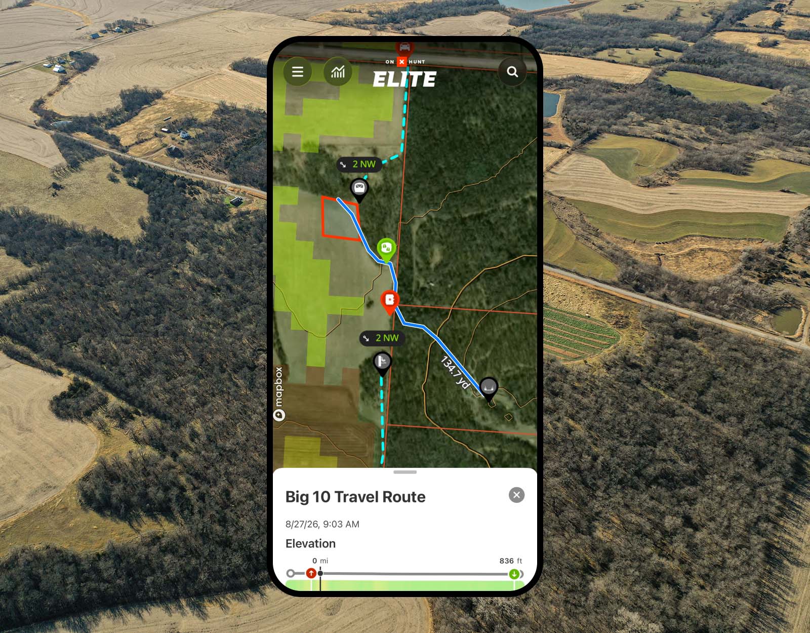 An onX Hunt product screenshot overlaid on a agricultural country.