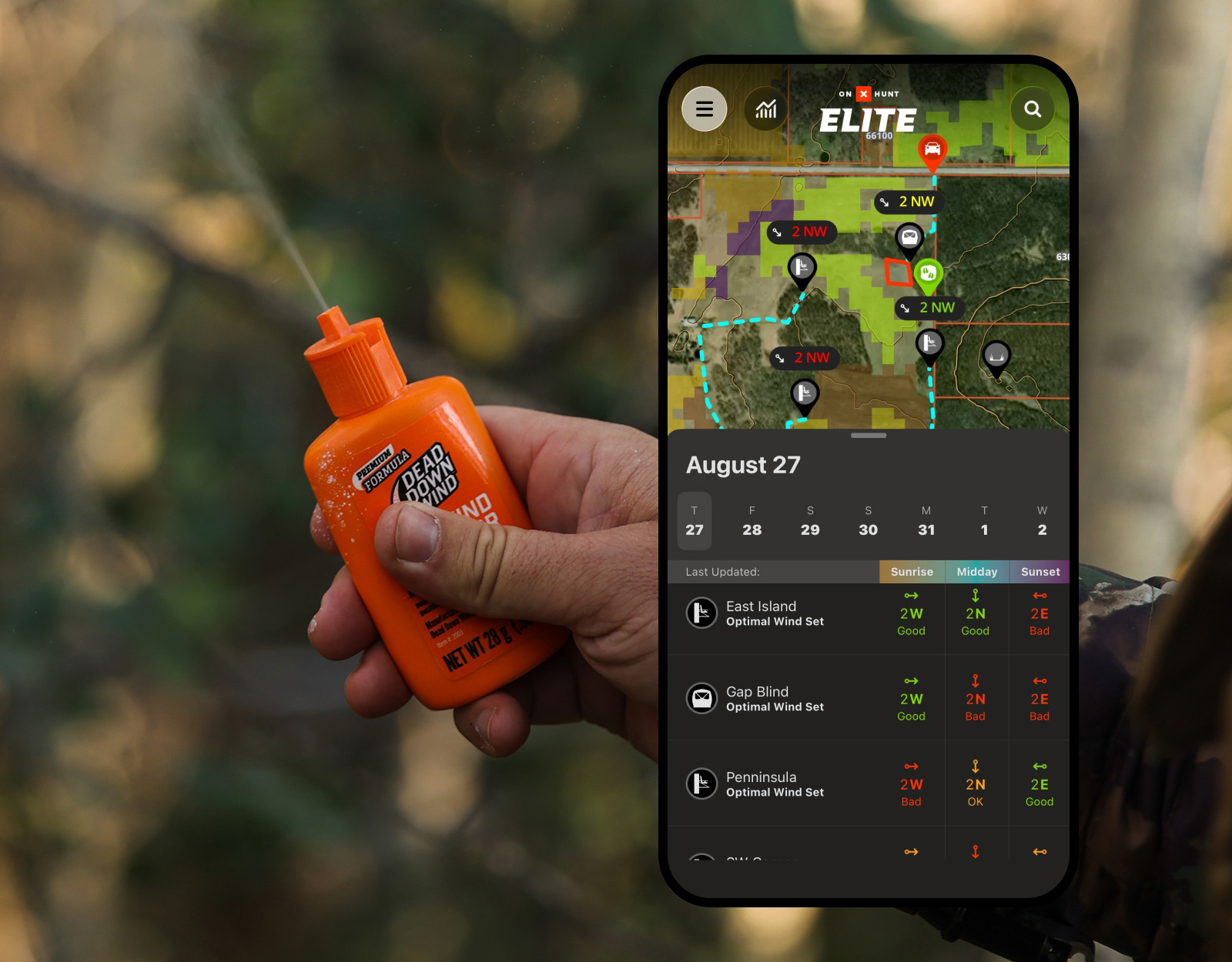 Mobile shell showing onX Hunt's wind forecast capabilities.
