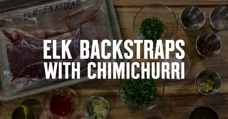 The ingredients for elk steaks with chimichurri sauce laid out on a table