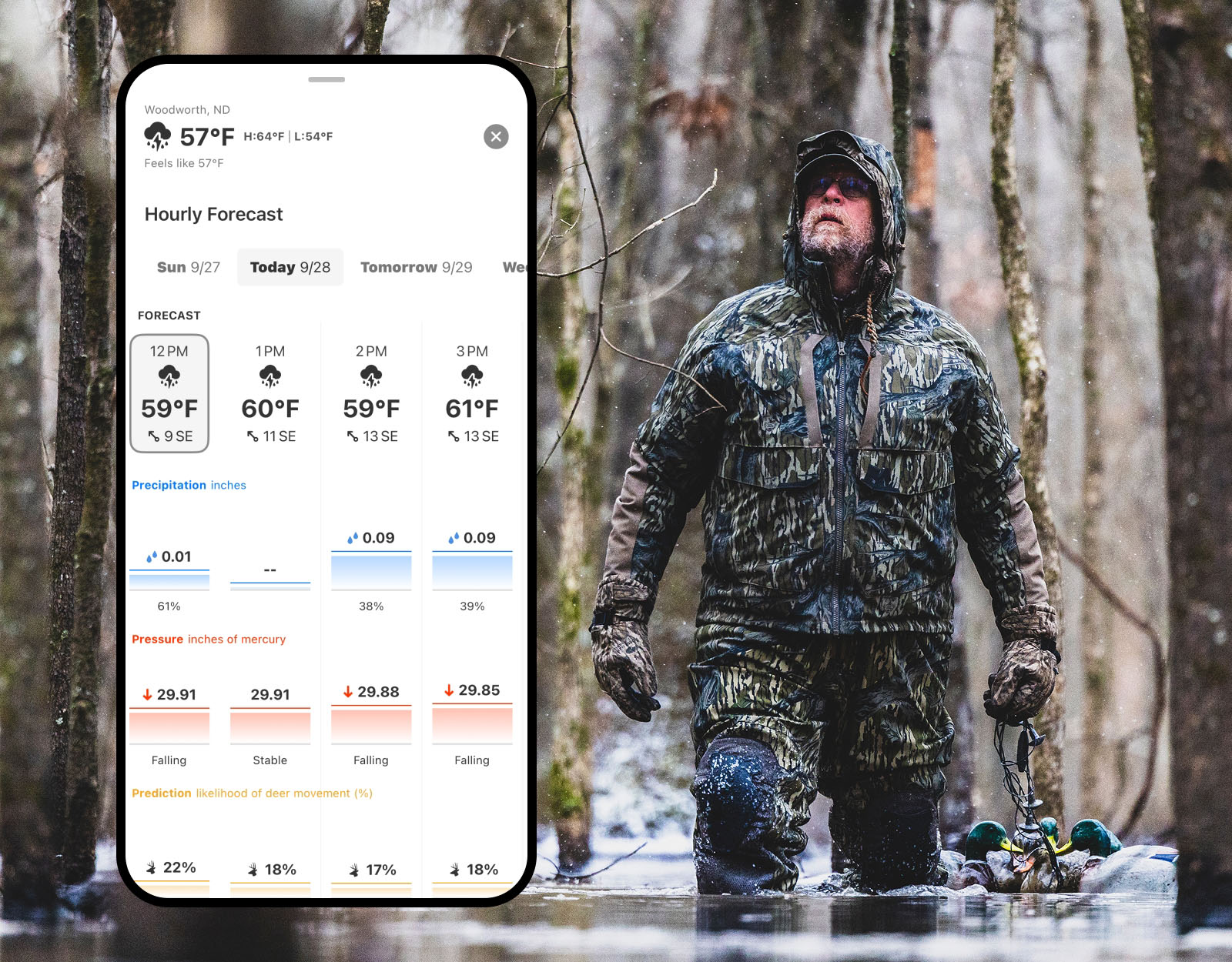 A duck hunter looks to the sky, and onX Hunt's wind and weather feature is overlaid in a mobile shell.
