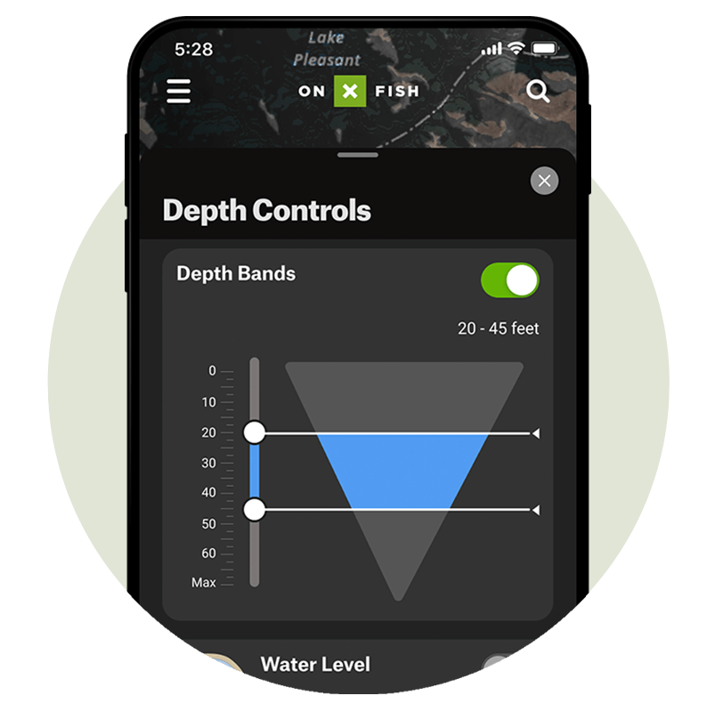onX Fish app with the depth control feature show