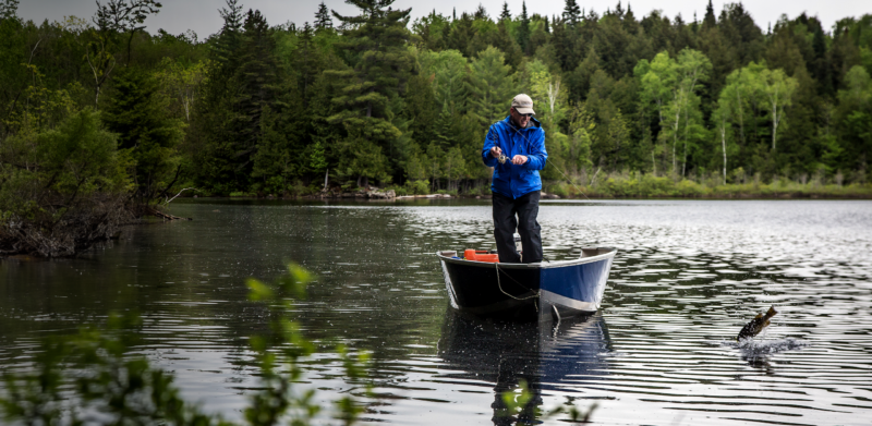 Angler fishing from a boat with a fish on the line