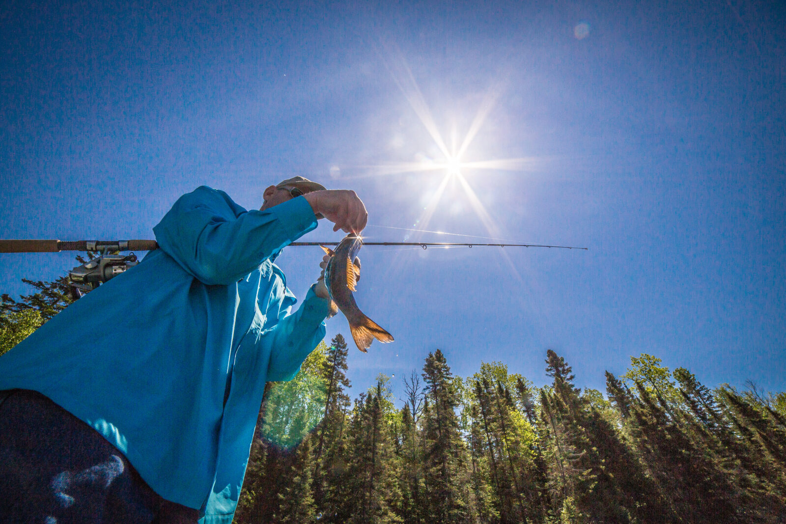 An angler holds a fish and a rod against a sunny blue sky.