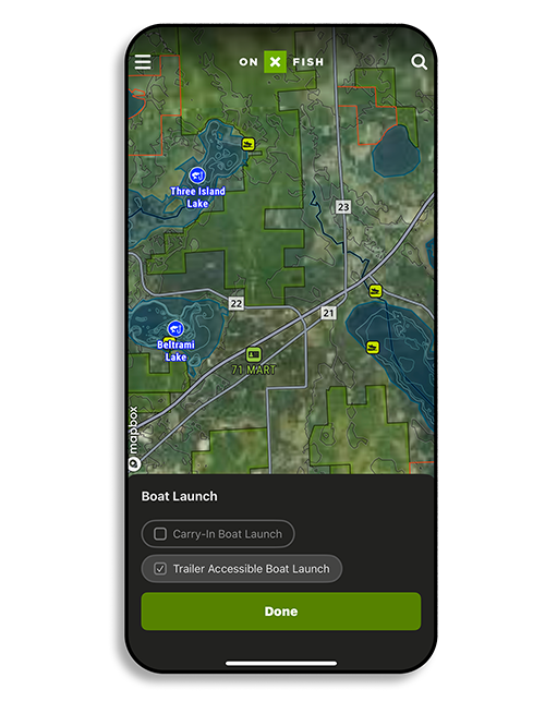 onX Fish Boat Launch data shown on a mobile device. 