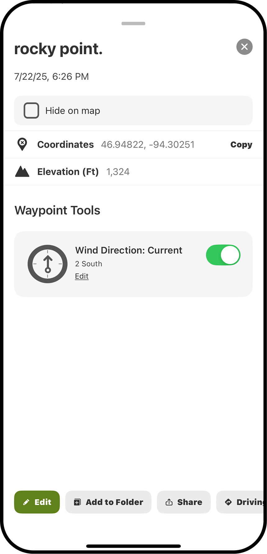 onX Fish's Wind on a Waypoint functionality.