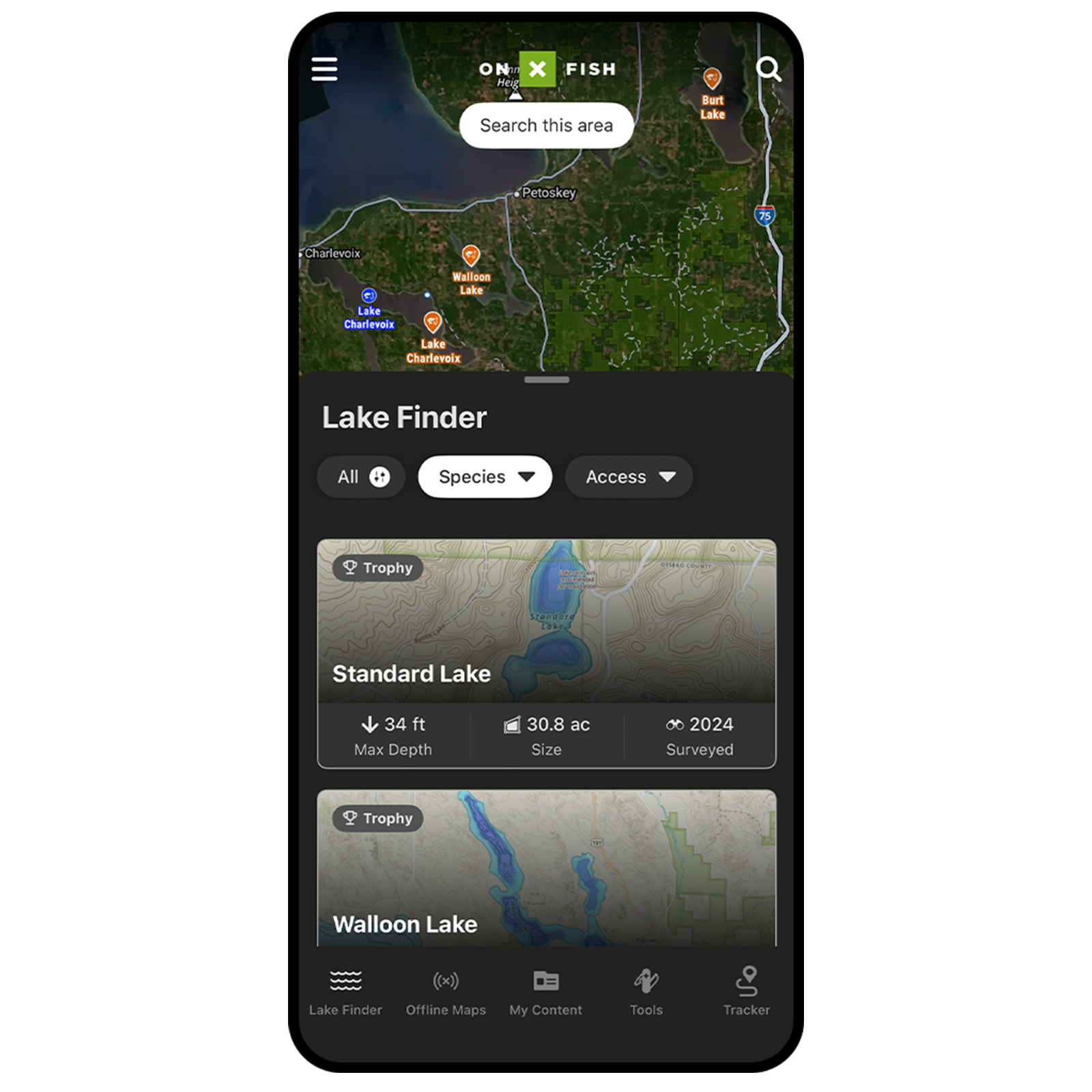 onX Fish Lake Finder feature shown on a mobile device.