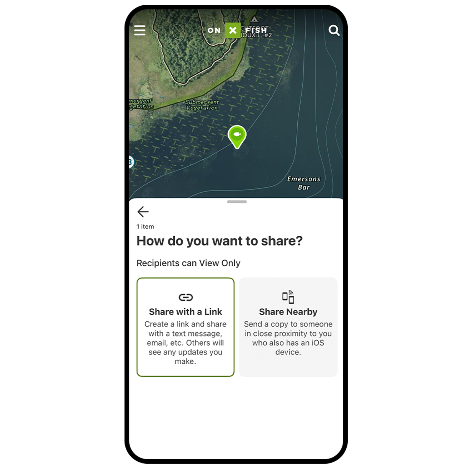 onX Fish sharing feature shown on a mobile device.