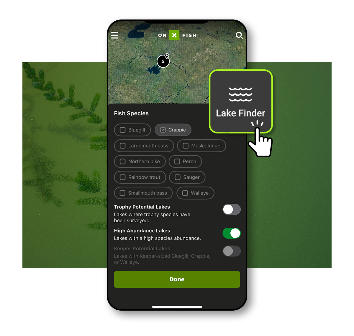 Crappie Lake Finder functionality in the Fish App.