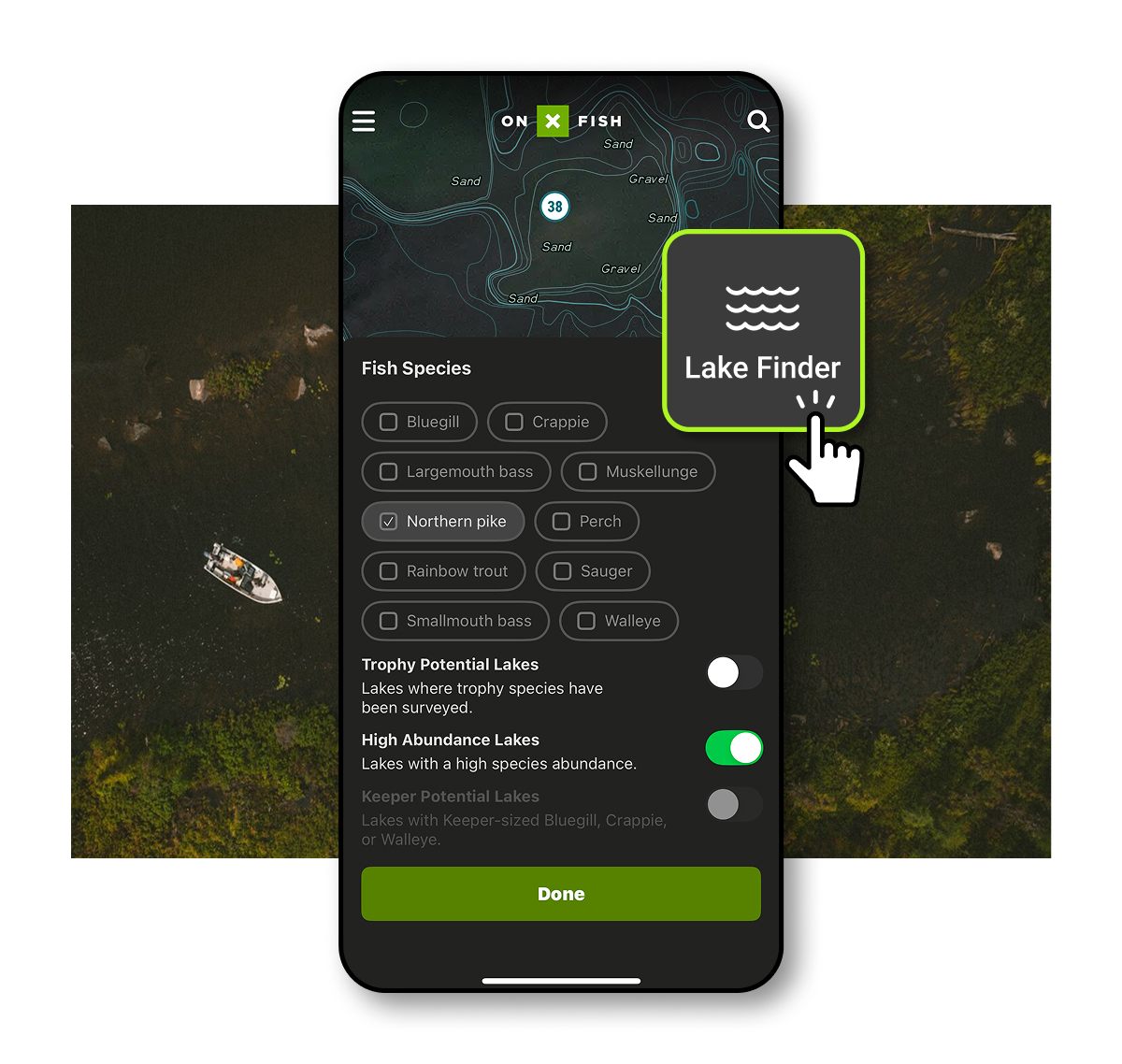 Pike Lake Finder functionality in the Fish App.