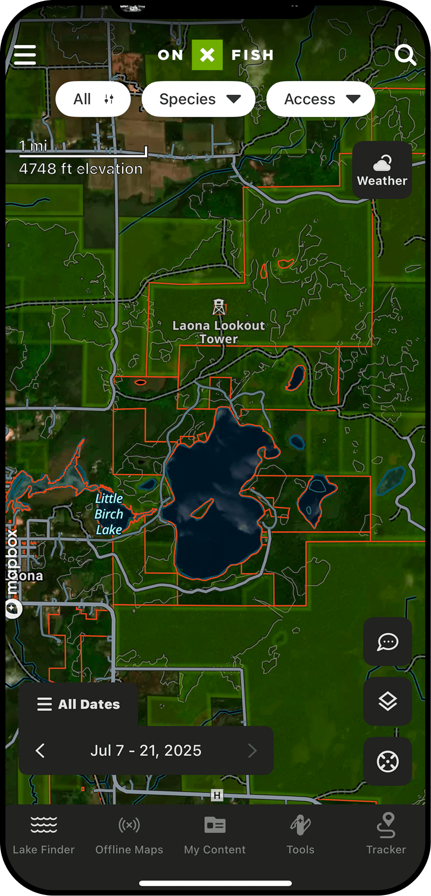 onX Fish App's private vs. public boundaries maps.