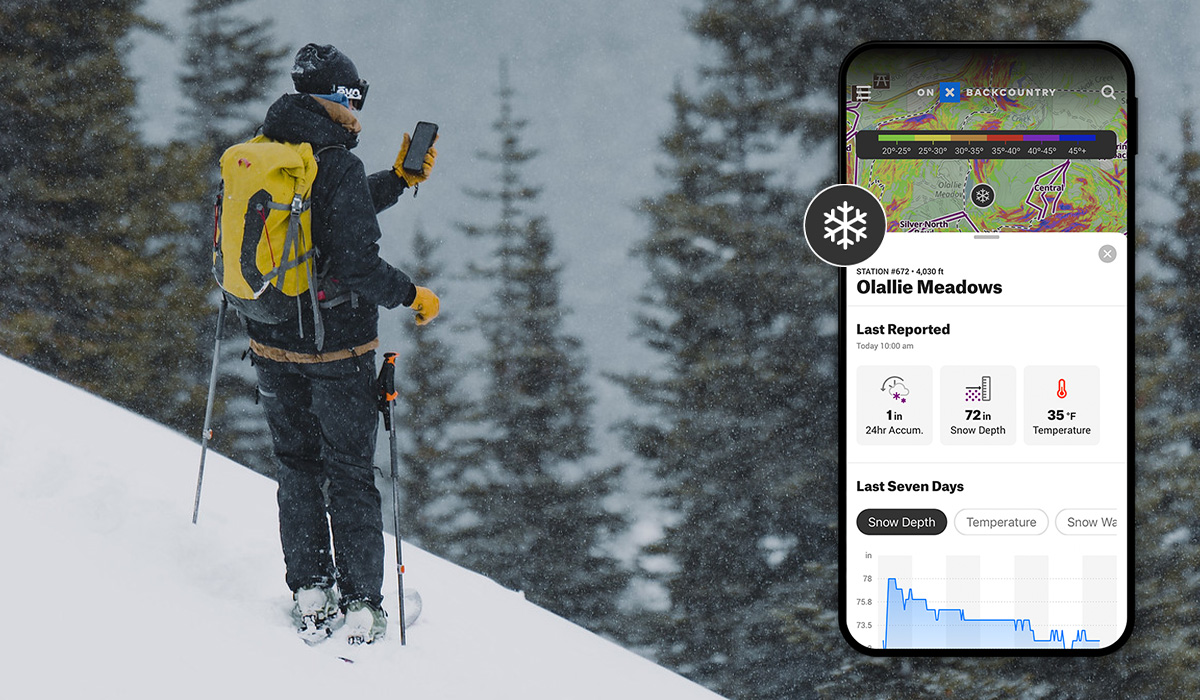 onX Backcountry app with avalanche report on the screen to help a backcountry skier on her adventures. 