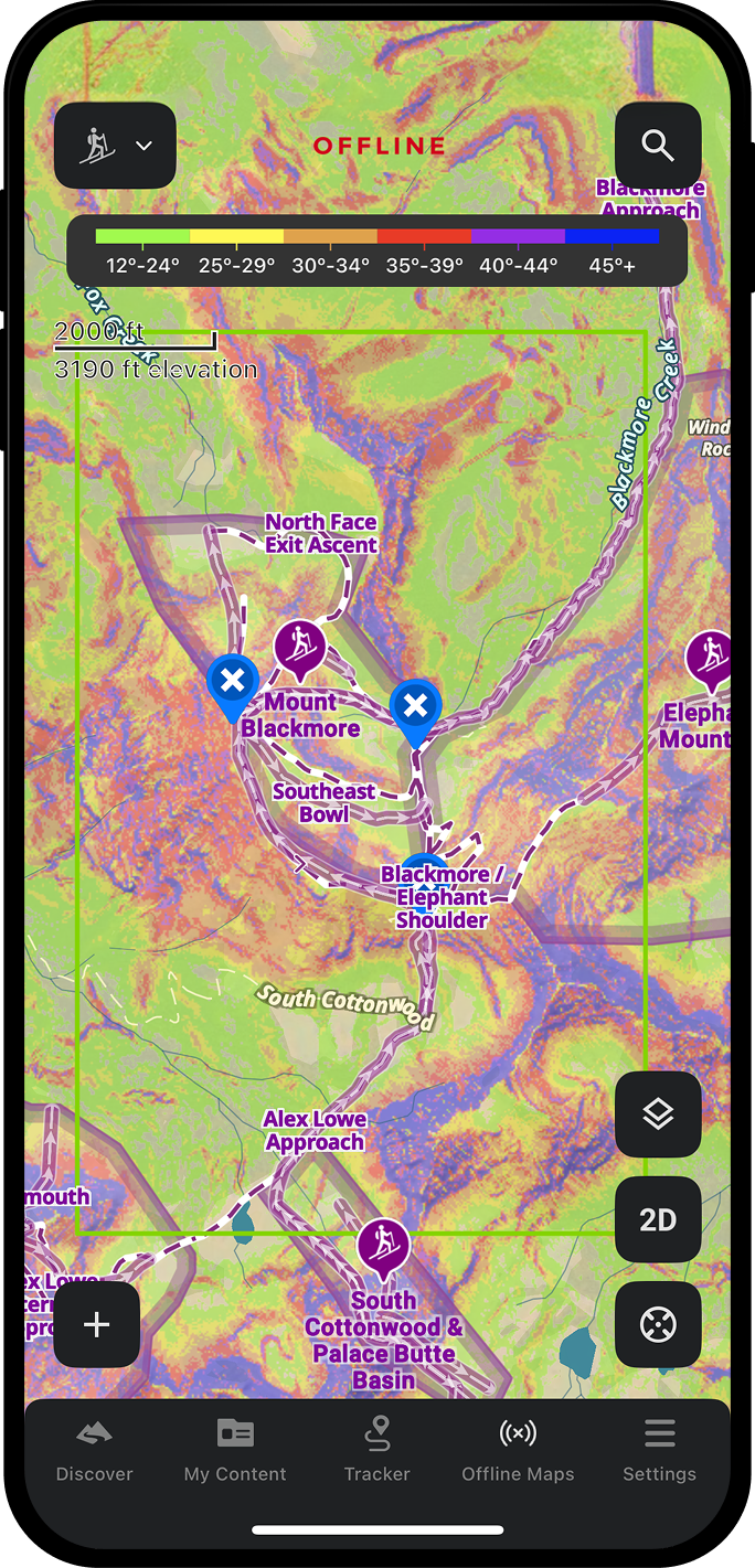 Blue-dot GPS location shown on a downloaded Offline Map with a hiking trail