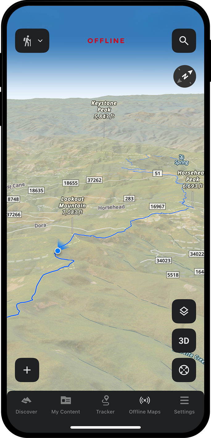 Waypoints and trail details shown on an Offline Map while hiking without cell service
