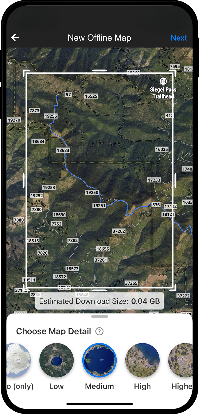 New Offline Map setup screen with map resolution options in the onX Backcountry app