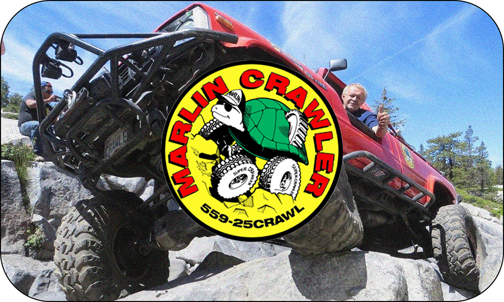 marlin crawler logo over an image of a red truck on a rock with a man looking out the window