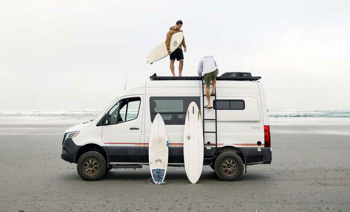 A group of people standing on top of a camper van with surfboards on top

