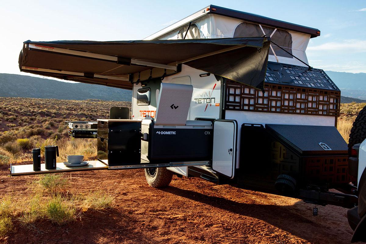 An off-road trailer with a door open